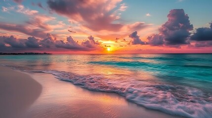 Fototapeta premium Breathtaking sunrise illuminating a tranquil Cancun shoreline with vibrant reflections over turquoise waters