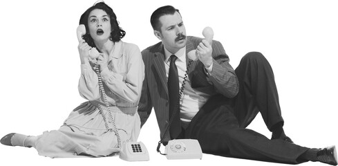 Monochrome image of elegant young woman and stylish man sitting on floor and expressively talking...