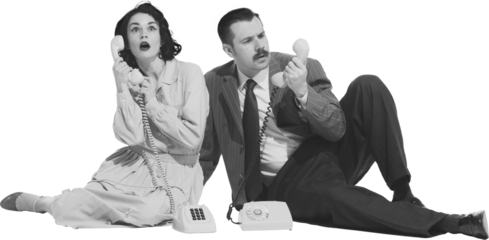 Monochrome image of elegant young woman and stylish man sitting on floor and expressively talking on vintage rotary phone isolated on transparent background. Retro and vintage, fashion, style concept