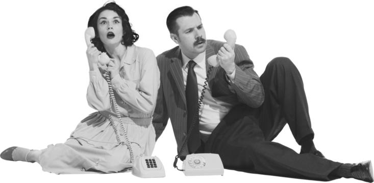 Monochrome image of elegant young woman and stylish man sitting on floor and expressively talking on vintage rotary phone isolated on transparent background. Retro and vintage, fashion, style concept