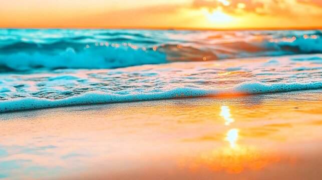 Closeup seaside sand reflecting orange and golden sunset skies panoramic beach horizon calm tropical seascape with tranquil summer vibes for relaxing holiday travel