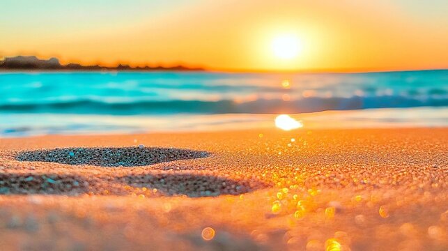 Closeup seaside sand reflecting orange and golden sunset skies panoramic beach horizon calm tropical seascape with tranquil summer vibes for relaxing holiday travel