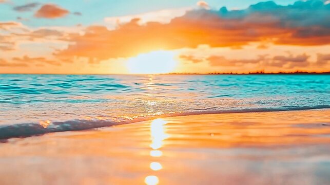 Closeup seaside sand reflecting orange and golden sunset skies panoramic beach horizon calm tropical seascape with tranquil summer vibes for relaxing holiday travel