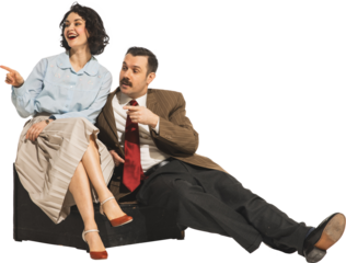 Elegant young woman and man in classical retro clothes sitting, looking away, pointing and taking isolated on transparent background. Discussing, rumors, gossips. Concept of retro and vintage, fashion