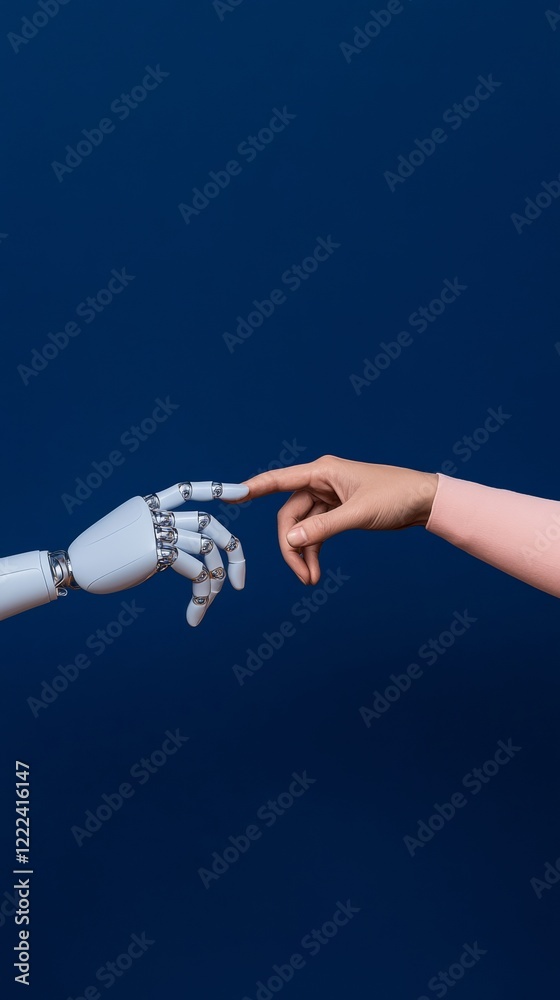 Aufkleber futuristic tech innovation robotic hand meets human touch against dark backdrop - ai collaboration f