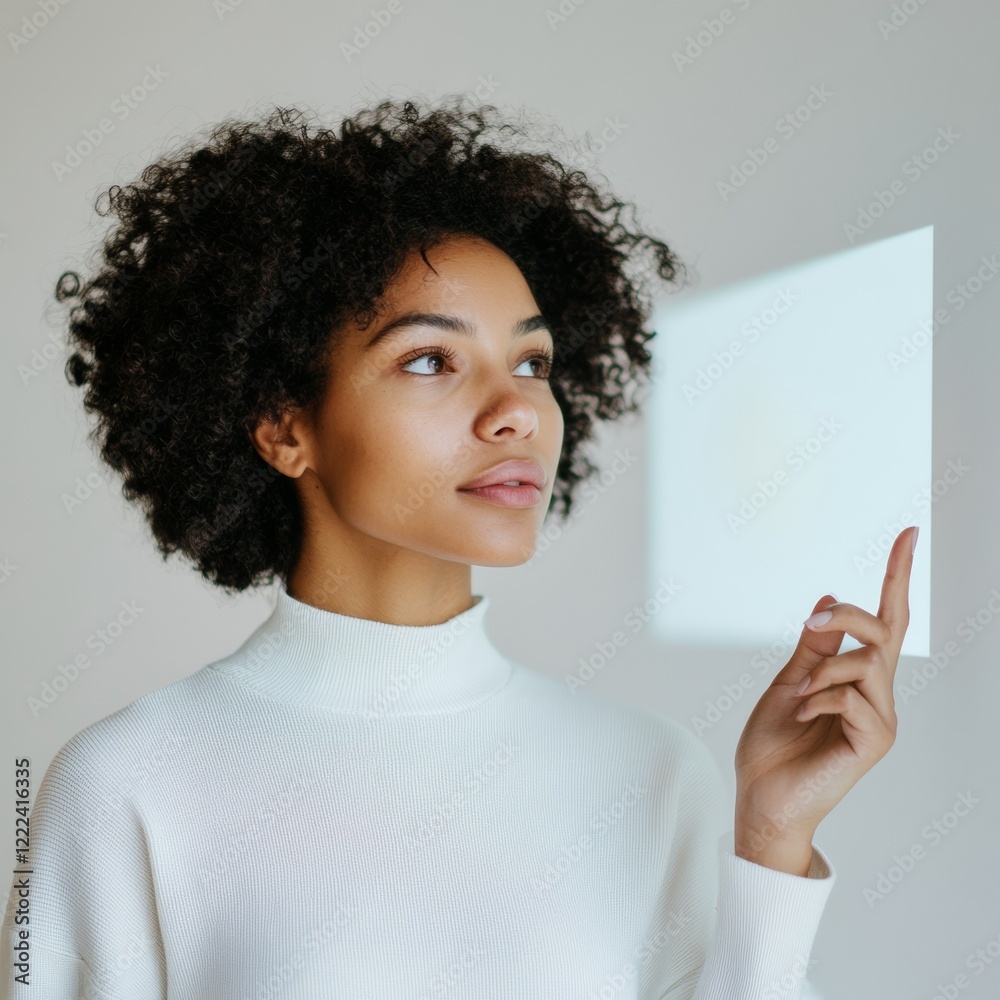 Poster minimalist tech presentation african american woman, 28, engaging smart board in startup office - en