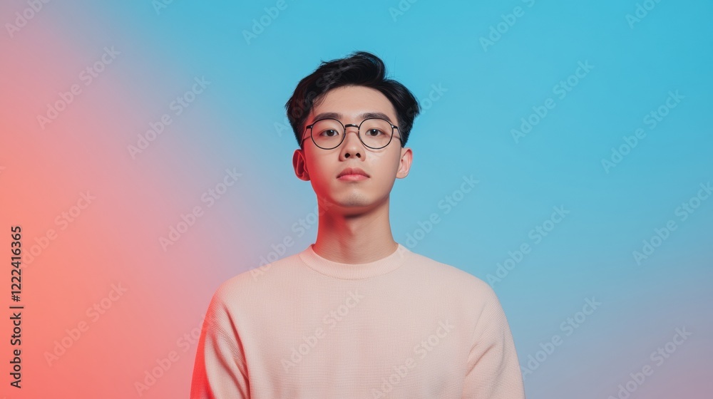 Aufkleber Neon Tech Aesthetic Portrait of Asian Developer Against Vibrant Gradient - Innovative Digital Branding and Future-Ready Tech Solutions for Modern Business