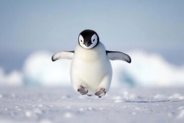 Fototapeta premium arctic penguin mid-leap against pristine snowy landscape, crystalline ice formations and pale blue sky creating magical winter scene
