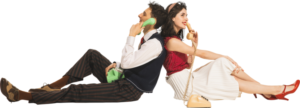 Beautiful young woman and man, couple sitting back to back on floor and talking on phone with smile isolated on transparent background. Vintage, fashion, relationship, communication concept