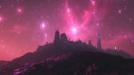 Futuristic city skyline at night under a pink nebula.