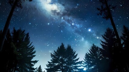 Fototapeta premium 美しい青の星空と森のシルエット自然風景壁紙