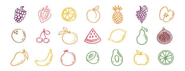 Fruit icons chalk hand drawn doodle set. Drawing crayon fruit