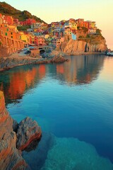 Manarola reflecting in the ligurian sea at sunset, cinque terre, italy