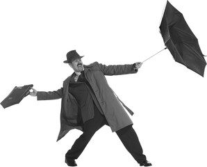 Bad weather. Young man dressed in 50s, 60s style fights the wind with umbrella isolated on transparent background. Concept of retro and vintage, fashion, lifestyle