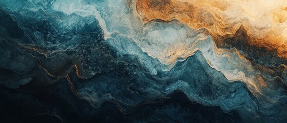 Obraz premium Moody abstract painting of swirling blues and golds evokes a blend of ocean waves and fiery sky.