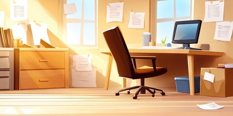 empty office desk with empty chair