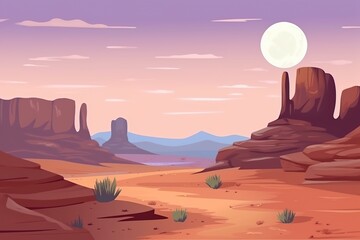 nature background of a cartoon desert with cacti, hills, sun, and mountain silhouettes, ideal for creating tranquil scenes.