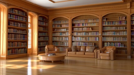Elegant Library With Wooden Bookcases And Leather Furniture