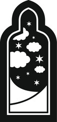 Simple black and white vector icon of a tall, arched arabian window revealing a night landscape with stars and clouds