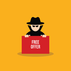 Hacker holding free offer message banner. Hacking concept.	