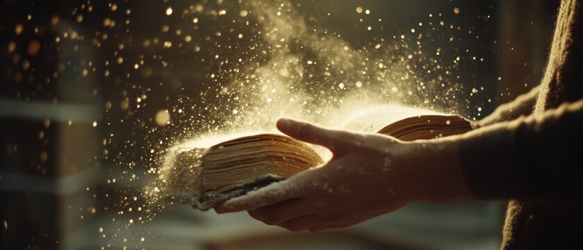 A pair of hands gently open an old, dust-covered book as golden sunlight filters through, creating a sense of discovery and nostalgia.