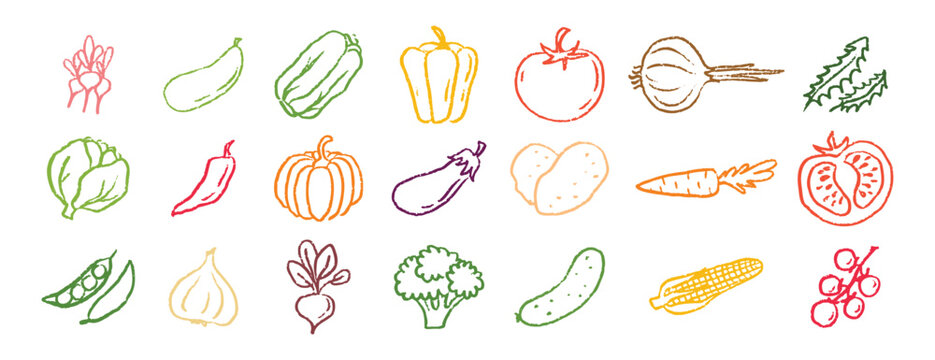 Vegetables icons chalk hand drawn doodle set. Drawing crayon vegetables 