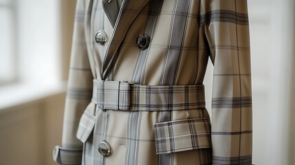 High-fashion trench coat with a plaid pattern and sleek details in beige and grey hues