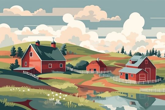 Cartoon illustration of farm with barn and green plants in countryside with beautiful view