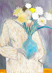 abstract woman with flowers. oil painting. illustration