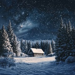 Snowy cabin, starry night, winter forest, peaceful scene, holiday card