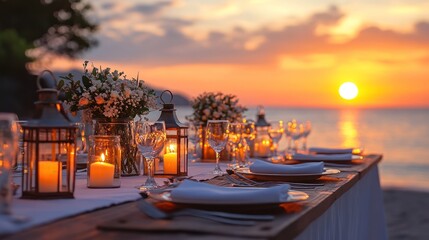 table setup with a rustic wooden table adorned with delicate lanterns emitting a cozy light. Crystal glassware, white linen napkins