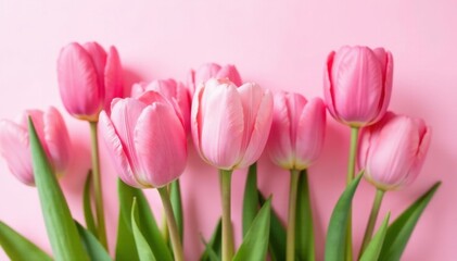 Fototapeta premium Pink tulips with soft petals and golden centers on a light pink background, garden, botanical