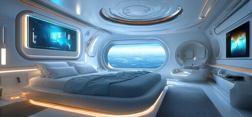 Fototapeta premium Futuristic Spaceship Bedroom: A Sleek and Modern Space Suite