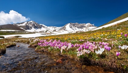 Fototapeta premium 青空の下で咲き乱れる高山植物、春の高原に広がる花畑と流れる小川 