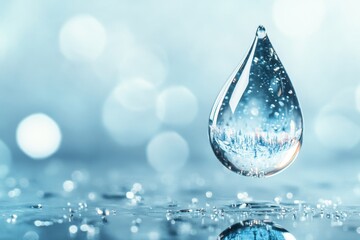 A single tear drop with a tiny world reflected inside, symbolizing longing for something far away, rendered in minimalist style with soft blues and grays