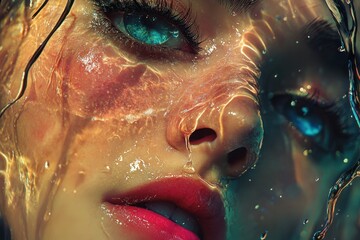 A woman's face is shown in a pool of water, with her eyes closed