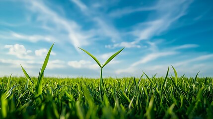 Obraz premium Green Grass with Young Sprout Under Bright Blue Sky and Clouds