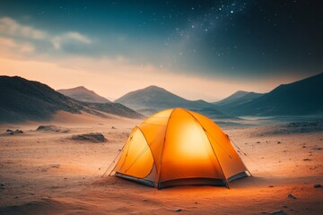 A single tent set up in the middle of a vast, star-filled desert, with a faint glow coming from within, surrounded by endless silence