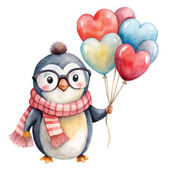 Fototapeta premium Cute penguin Heart Balloons Valentine's Day Clipart Watercolor 