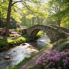 A scenic view of an ancient bridge in spring, surrounded by blooming nature and sunlight