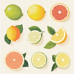 Citrus fruits lemons, limes, grapefruits; slices & whole;  food blog, recipe illustration