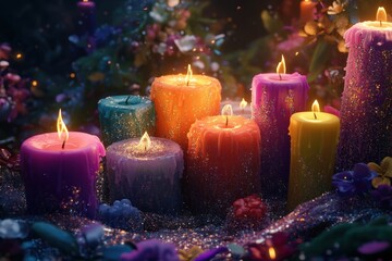 A colorful display of candles with a variety of colors and sizes