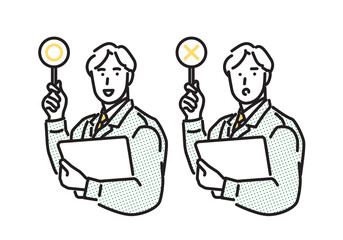 シンプル　イラスト　⚪︎×の札を上げる作業員の男性