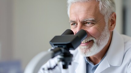 Middle-Aged Scientist Advancing Medicine: Focused Microscope Analysis in an Applied Science Lab