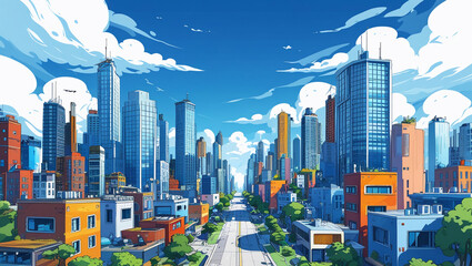 AI generative. Illustration 3d cartoon of cityscape with blue sky and white clouds, vertical building. 14
