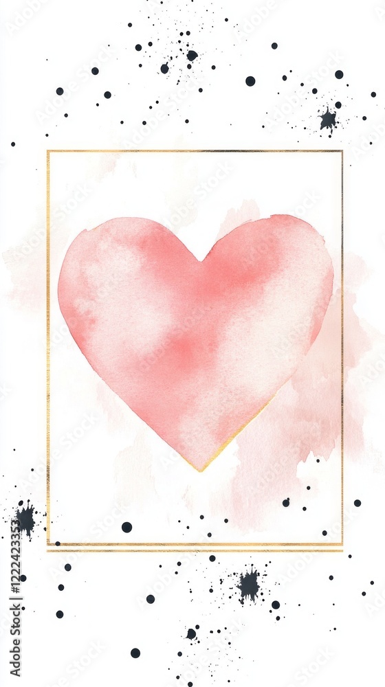 Poster a charming pastel pink heart softly blends with watercolor textures, surrounded by playful black spl