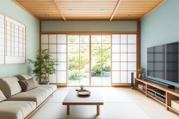 Tranquil Japanese-style living room, garden view, minimalist design, serene atmosphere, home interior