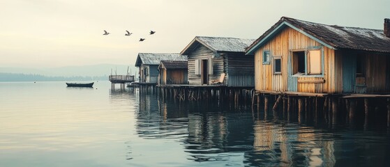 Lakeside cabins exude rustic charm, mirrored in the calm waters as birds sail overhead in the early morning mist.