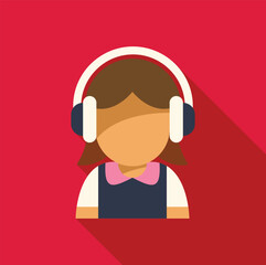 Minimalist flat design icon of a young female character wearing headphones, enjoying audio content on a vibrant red background