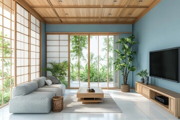 Serene living room, Japanese design, patio view, relaxing atmosphere, home decor